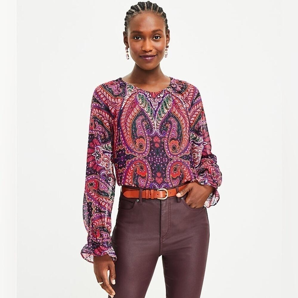 LOFT NWT Paisley Boho Peasant Blouse Smocked Ruffle Cuff Top Fall Medium